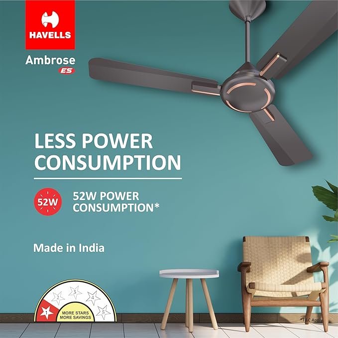 Havells 1200mm Ambrose Energy Saving High Speed Ceiling Fan|Premium Finish, Deco.Fan, Elegant Looks, High Air Delivery, 100% Pure Copper Motor|2 Yr Warranty by Brand | (Pack of 1, Copper)