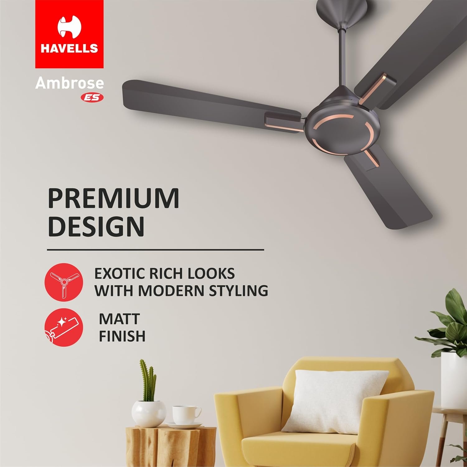 Havells 1200mm Ambrose Energy Saving High Speed Ceiling Fan|Premium Finish, Deco.Fan, Elegant Looks, High Air Delivery, 100% Pure Copper Motor|2 Yr Warranty by Brand | (Pack of 1, Copper) - Image 2